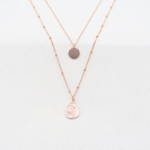 Double Floral Necklace and Dandelion wildflower pendant satellite chain flower disc pendant in Rose Gold 14K Birth Flower disc pendant image 3