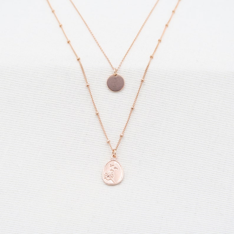 Double Floral Necklace and Dandelion wildflower pendant satellite chain flower disc pendant in Rose Gold 14K Birth Flower disc pendant image 3