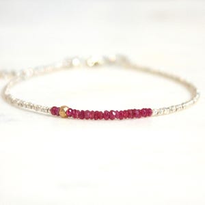 Delicate Ruby Bracelet: July Birthstone, Sterling Silver Beads, Adjustable Chain