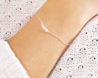 3 Pearl Bracelet – Dainty Sterling Silver Chain, Genuine White Pearls, Handmade in Paris
