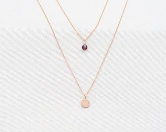 Garnet Necklace Rose Gold• Garnet (4mm) and gold disc layered• dainty chain (separable set of 2) layered disc choker• necklace for woman