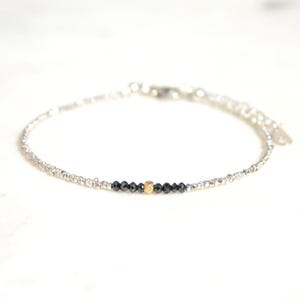 Black Diamond Beaded Bracelet – Sterling Silver, Gold Accents, Dainty Jewelry