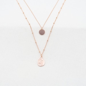 Double Floral Necklace and Dandelion wildflower pendant satellite chain flower disc pendant in Rose Gold 14K Birth Flower disc pendant image 1