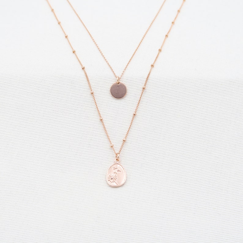 Double Floral Necklace and Dandelion wildflower pendant satellite chain flower disc pendant in Rose Gold 14K Birth Flower disc pendant image 1