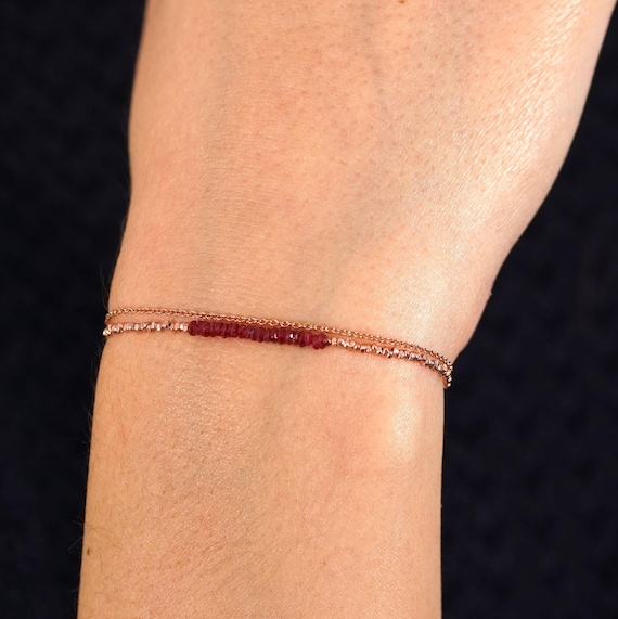 Delicate Ruby Bracelet: Rose Gold Filled Chain, Genuine Red Beads (July Birthstone)