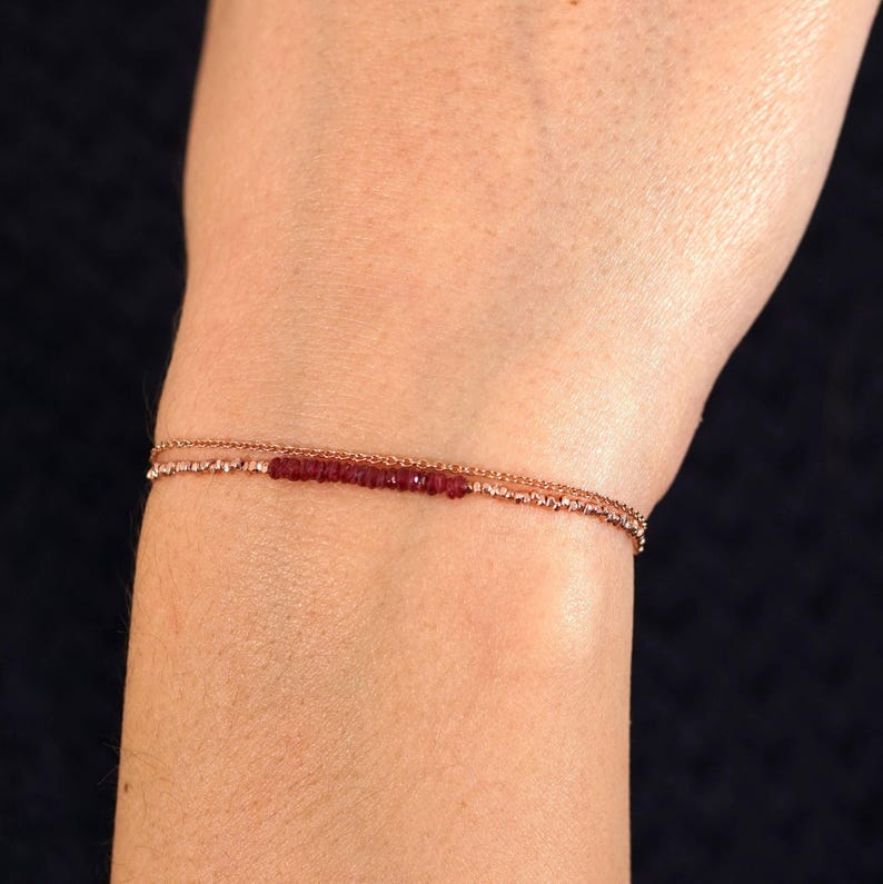 Delicate Ruby Bracelet: Rose Gold Filled Chain, Genuine Red Beads (July Birthstone) image 1