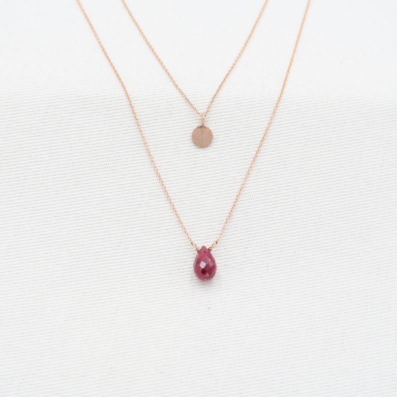 Layered Ruby Necklace Set: Rose Gold Hammered Disc, 14K Gold Filled Chains image 2