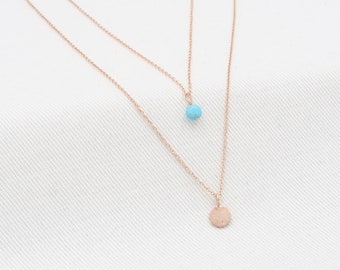 Turquoise Necklace• rose GOLD 14K• round Turquoise pendant (4*4mm) turquoise layered necklace,set of 2 necklaces• gold hammered disc