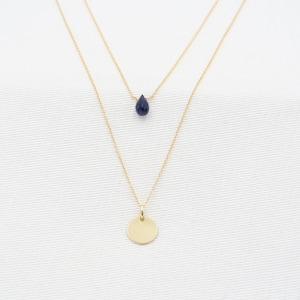 Sapphire Necklace layered with disc pendant Yellow Gold 14K Sapphire 75mm and gold disc layered Layered necklace separable set of 2 image 1