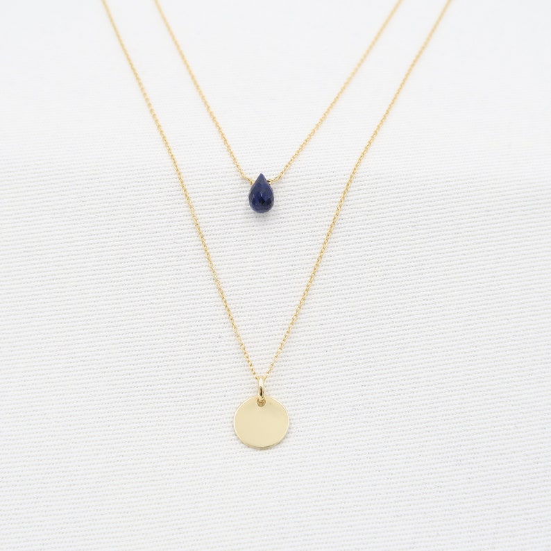 Sapphire Necklace layered with disc pendant Yellow Gold 14K Sapphire 75mm and gold disc layered Layered necklace separable set of 2 image 1