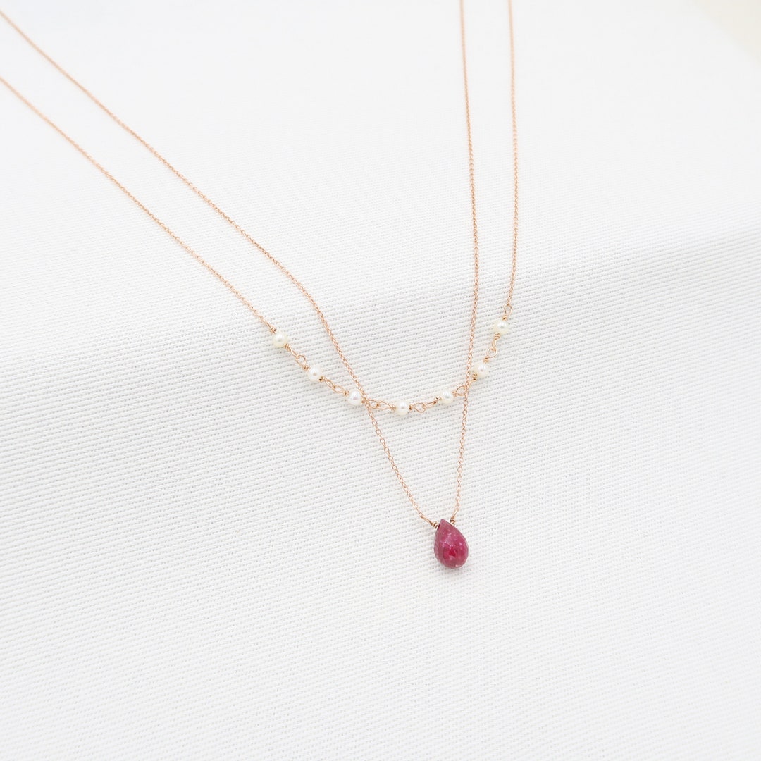 Ruby Necklace Yellow GOLD 14K Ruby Small Pendant With Small Pearl ...