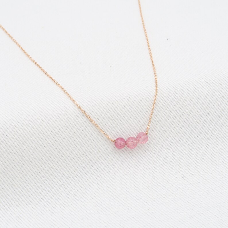 Strawberry Quartz Necklace with 3 Stones 4mm Necklace silver Yellow Gold 14K 4mm round gemstone Tiny Rose gold chain image 1