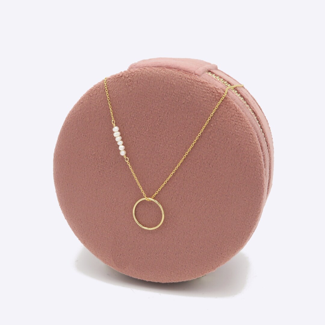 Circle Necklace With White Pearl Bar Pearl Necklace GOLD 14K Etsy