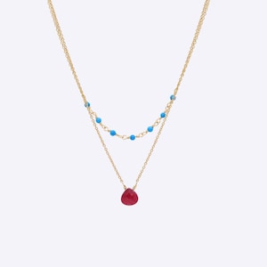 Layered Gold Ruby Heart Pendant Necklace with Turquoise Rosary Chain