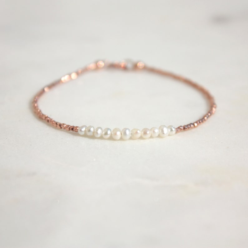 Pearl bracelet in Rose Gold white pearl Beaded Bracelet Tiny Real Pearl Bracelet Gold Delicate Bracelet Rose Gold tiny brace zdjęcie 7