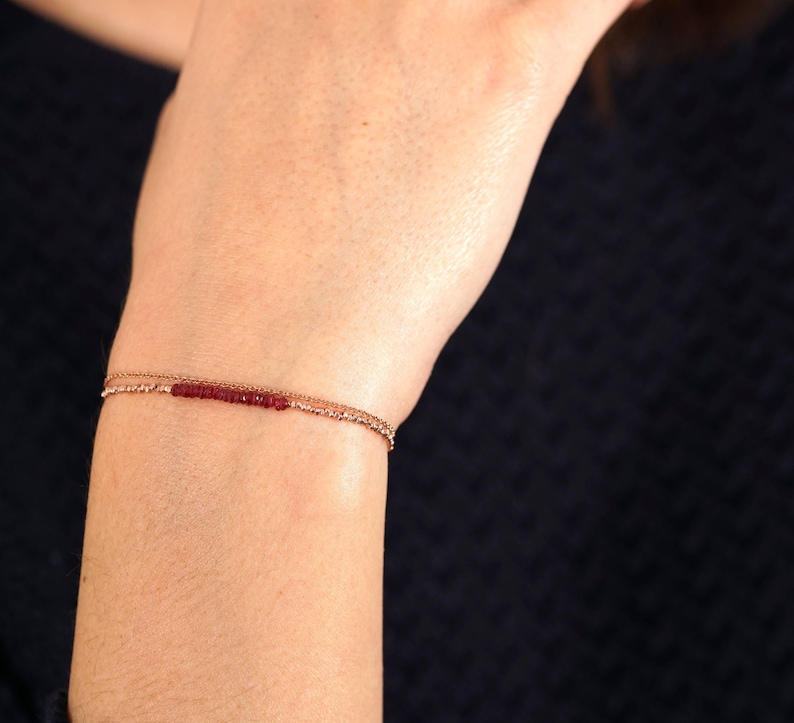 Delicate Ruby Bracelet: Rose Gold Filled Chain, Genuine Red Beads (July Birthstone) image 2