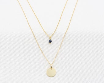 Gold Disc and sapphire Necklace Yellow Gold  14K• Sapphire (3mm) and gold disc layered• Layered necklace (separable set of 2)