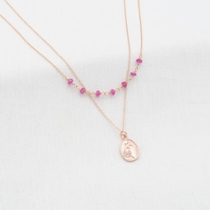Set di collana rosario con fiori di rubino riempito in oro rosa, delicati dischi floreali (regolabile 18 pollici)