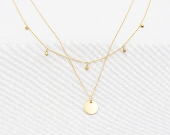 GOLD Layered 2 strands Necklace Yellow Gold  14K• 5 Gold charms pendant and gold disc• Layered necklace (separable set of 2)• disc layered