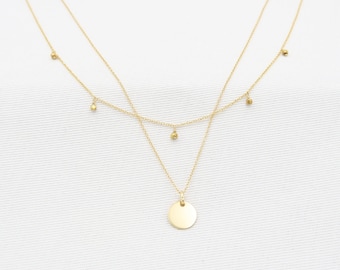 GOLD Layered 2 strands Necklace Yellow Gold  14K• 5 Gold charms pendant and gold disc• Layered necklace (separable set of 2)• disc layered