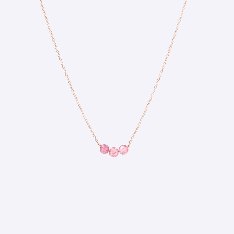 Strawberry Quartz Necklace with 3 Stones 4mm Necklace silver Yellow Gold 14K 4mm round gemstone Tiny Rose gold chain image 4