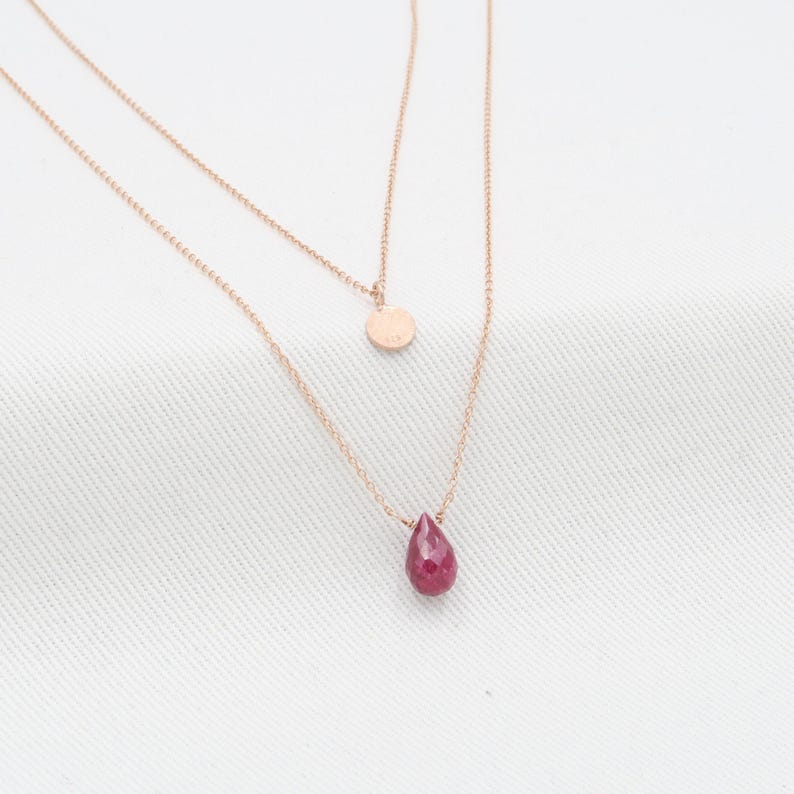 Layered Ruby Necklace Set: Rose Gold Hammered Disc, 14K Gold Filled Chains image 4