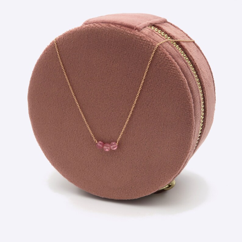 Strawberry Quartz Necklace with 3 Stones 4mm Necklace silver Yellow Gold 14K 4mm round gemstone Tiny Rose gold chain image 5
