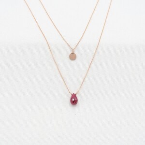 Layered Ruby Necklace Set: Rose Gold Hammered Disc, 14K Gold Filled Chains image 3