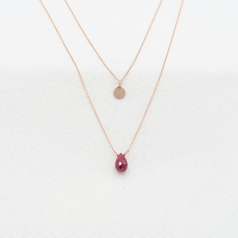 Layered Ruby Necklace Set: Rose Gold Hammered Disc, 14K Gold Filled Chains image 3