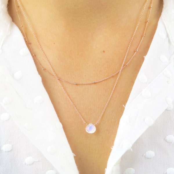 Moonstone Necklace• set of 2 necklace• satellite chain• Rose Gold 14K• Rainbow heart moonstone pendant moonstone• June Birthstone