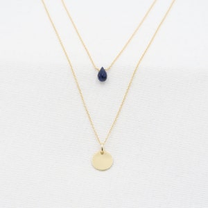 Sapphire Necklace layered with disc pendant Yellow Gold 14K Sapphire 75mm and gold disc layered Layered necklace separable set of 2 image 3