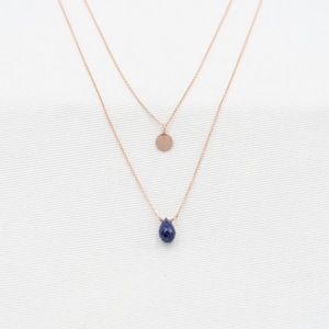 Layered Sapphire Necklace Set: 14K Rose Gold Hammered Disc, Teardrop Gemstone, Adjustable Length