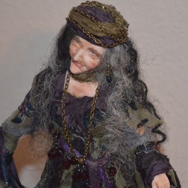 Polymer Clay Sculpt Doll Gypsy Witch Old Lady 13 to 14 inches Tall Custom Order Bendable Artist Doll