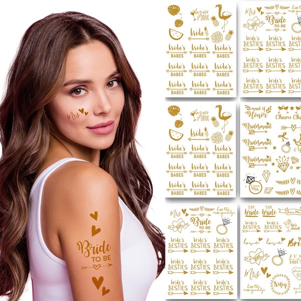 Bachelorette Team Bride Temporary Tattoos 100+ Metallic Tattoos Bride Tribe Bachelorette Party Favors Supplies Gifts Accessories Gold (Zoe)