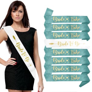 Bachelorettesy 8 Pack Bride Tribe Sashes - Matching Satin Bride to Be & Bridesmaids Sashes for Bachelorette Parties - Mint Gold