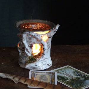 Magically beautiful incense burner and light with birch and gemstones, aroma lamp incense burner for altar, incense ritual, Wicca, hand-modeled