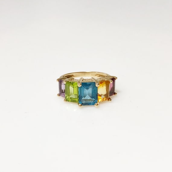 Emerald cut rainbow ring