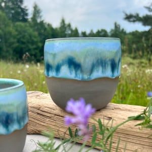 Kaffee-Keramikbecher, Grauer Steinzeug-Becher, Blaue Glasur-Tasse
