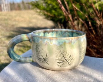 Large Stoneware Mug with Fern Embossing, Handmade Ceramic Coffee or Tea Cup, Nature-Inspired Pottery