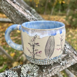 Nature Inspired Ceramic Mug, Handmade Latge Stoneware Tea Cup, Sage and Wormwood Leaf Imprints