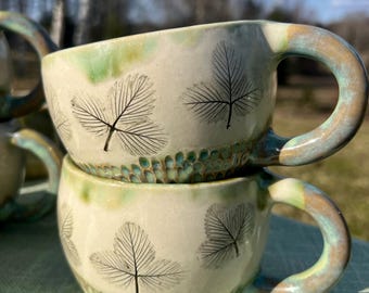Handmade Stoneware Mug with Strawberry Leaf Design, Spring Inspired Pottery