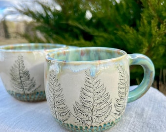Handmade Ceramic Teamug, Botanical Cappuccino Mug, Rustic Nature Inspired Drinkware