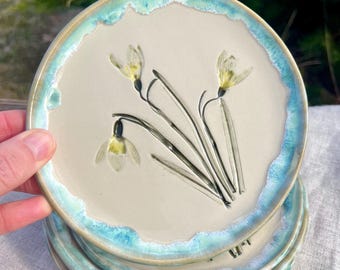 Handmade Botanical Dessert Plates, Decorative snowdrop, Artisan Tableware