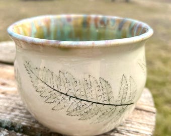 Ceramic Flower Vase Bowl with Ferns embossing, Handmade Stoneware Botanical Bowl, Spring Home Decor