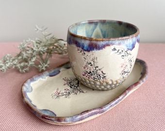 Handmade Espresso Cup and Saucer, Ceramic Set with Wormwood Imprint, Botanical Stoneware