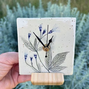Minimalist Ceramic Desk Clock, Wild plants Imprint, Unique Nature Decor