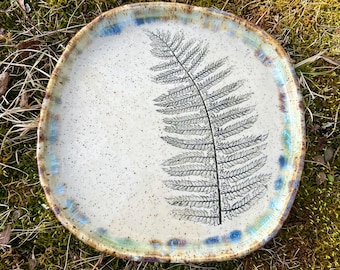 Ceramic serving plate with Fern, Handmade Decorative Tray, Stoneware Platter