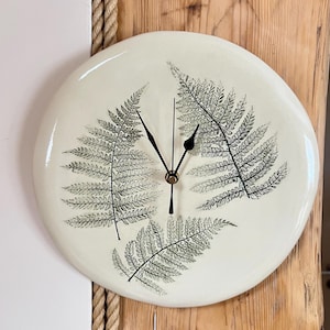Handmade Ceramic Wall Clock with Fern Imprint – Botanical Wall Decor, Nature-Inspired Timepiece