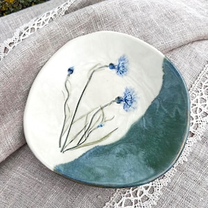 Trinket plate, Ceramic Dessert plate, Botanical decorative plate, Rustic Kitchen table decor, Cute gift for her, Cornflower decor