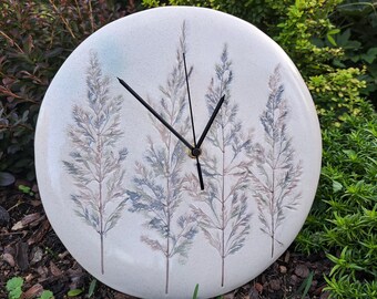 Pottery wall clock, Unusual home decor,  Handmade ceramic clock, Farmhouse style Interior element, Into the Wild, Grass, white matte